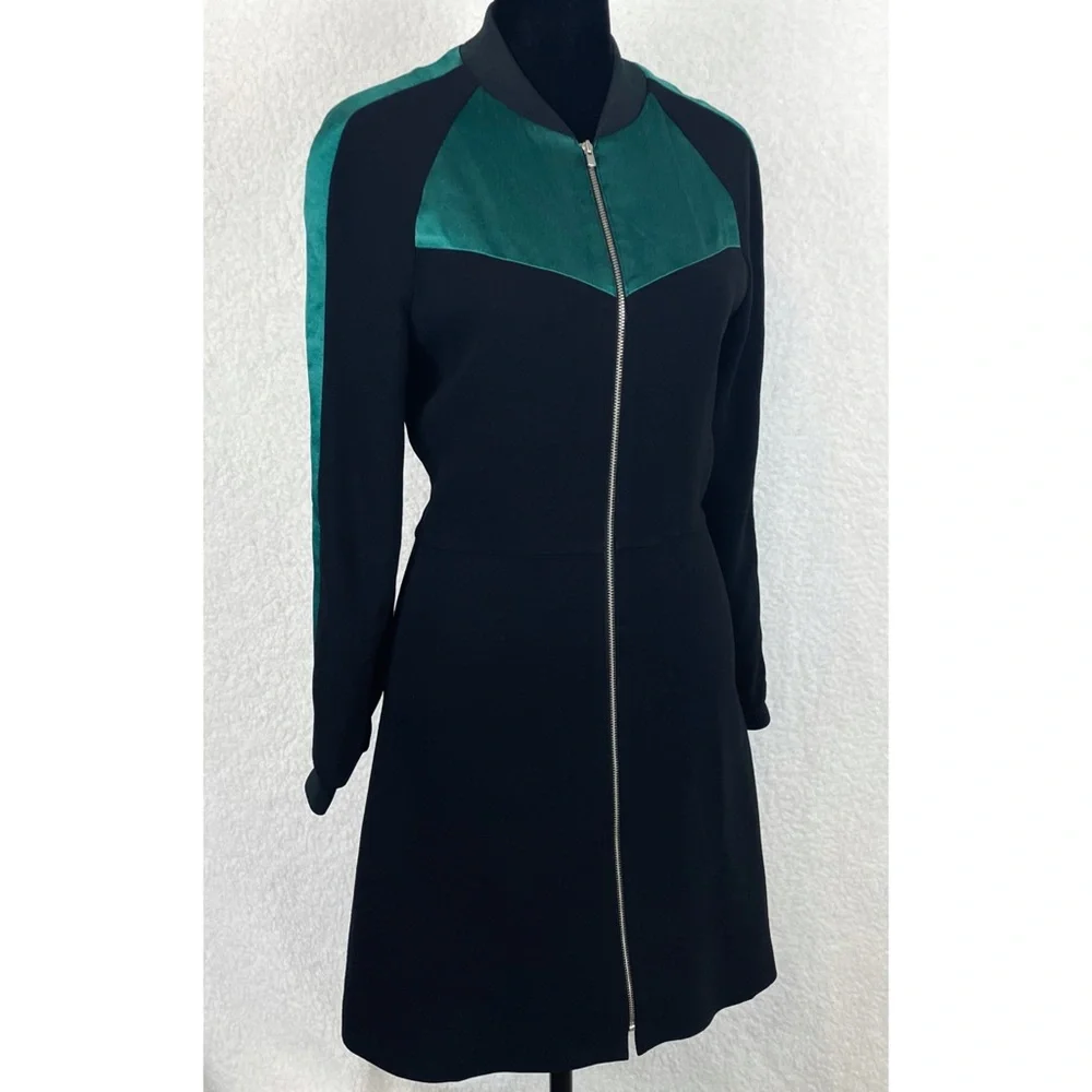 MAJE • Black/Green Rizia Contrast-Inset A-Line Long Sleeve Mini Dress, S - Picture 10 of 16
